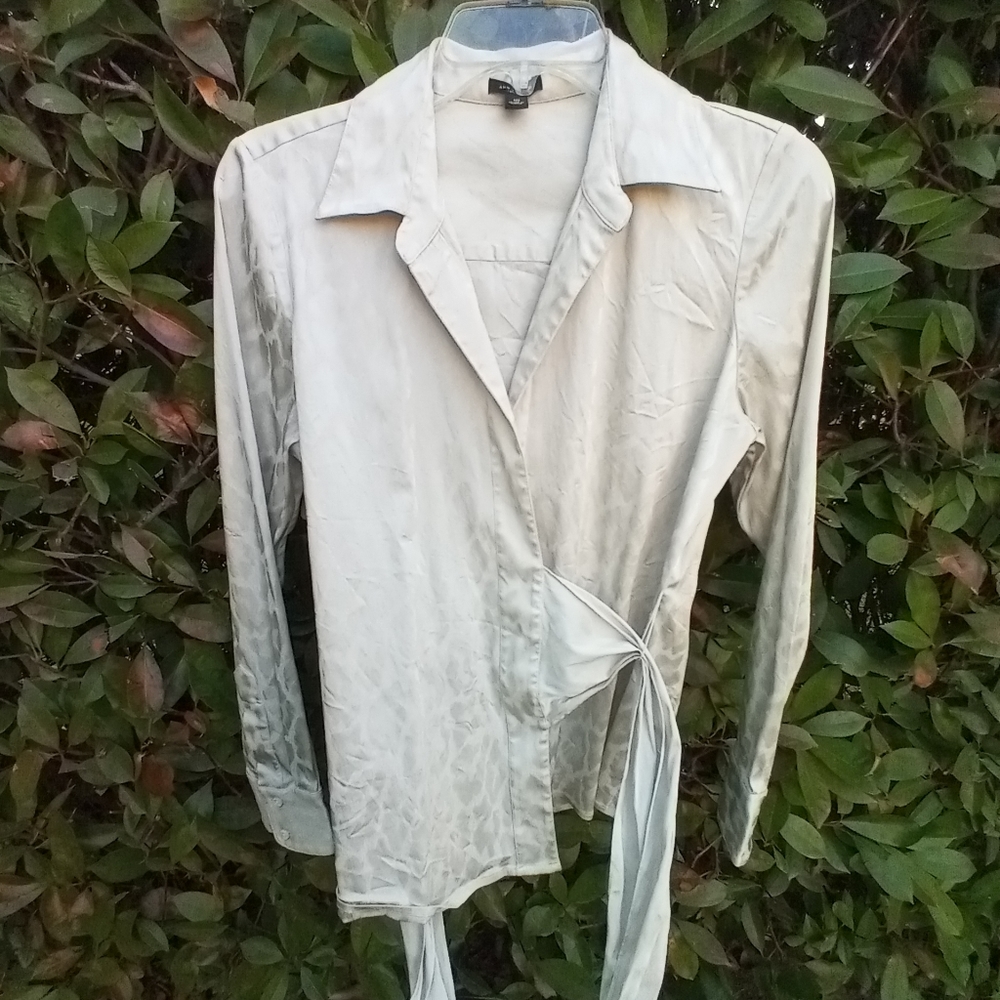 Ann Taylor Blouse Womens Size 10 Wrap Side Tie Silver Champagne  Animal Print